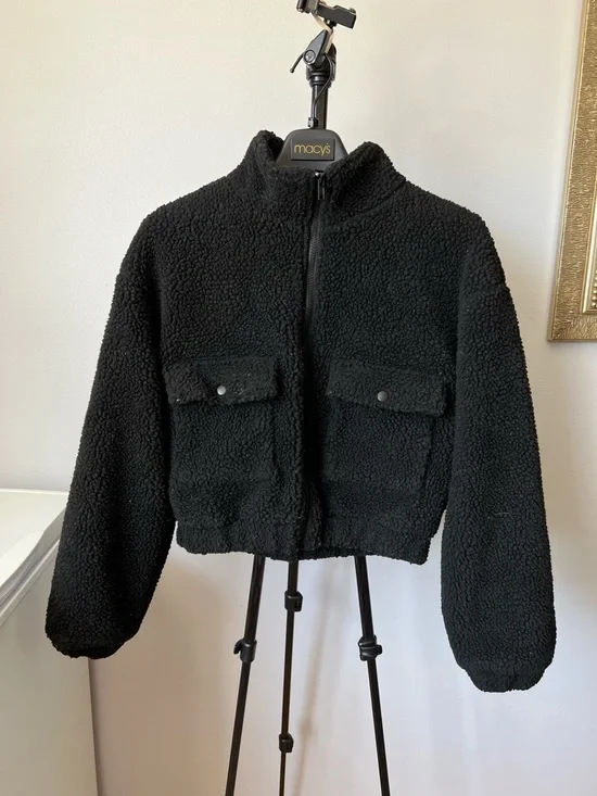 Dazy Black Zip-Up Cropped Faux Shearling Teddy Jacket Size S - Picture 7 of 12